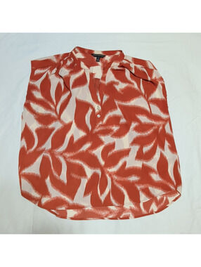Banana Republic Women's Petite L Orange White Abstract V-Neck Sleeveless Blouse